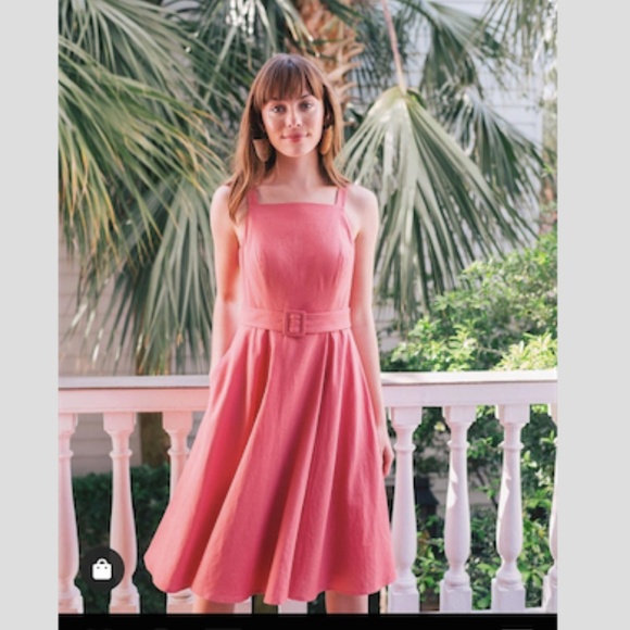 Anthropologie x Gal Meets Glam Dress Midi Linen Square Neck Ruth Swing Pink Belt - Picture 2 of 9